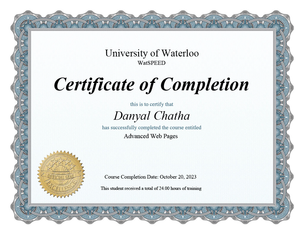 Advance Web Page Certificate from University of Waterloo