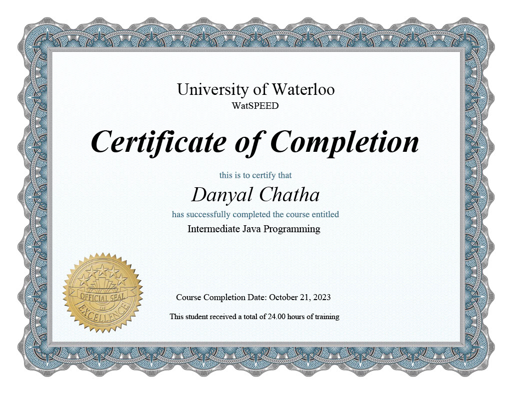 Intermediate Java Programing Certificate from University of Waterloo